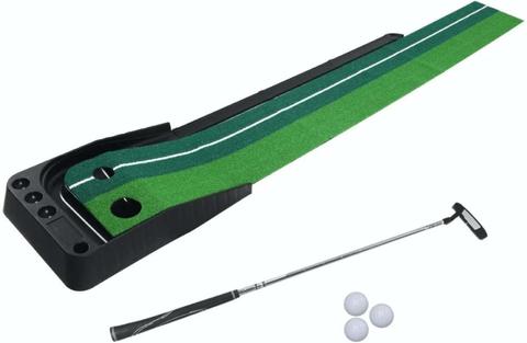 Centra  250cmx40cm Auto Return Portable Golf Putting Mat with Golf Ball & Putter - Green/Black - Brand New