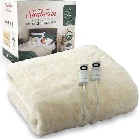 Sunbeam  King Sleep Perfect Wool Fleece Heated Soft Washable Blanket  - Off White - Over Stock