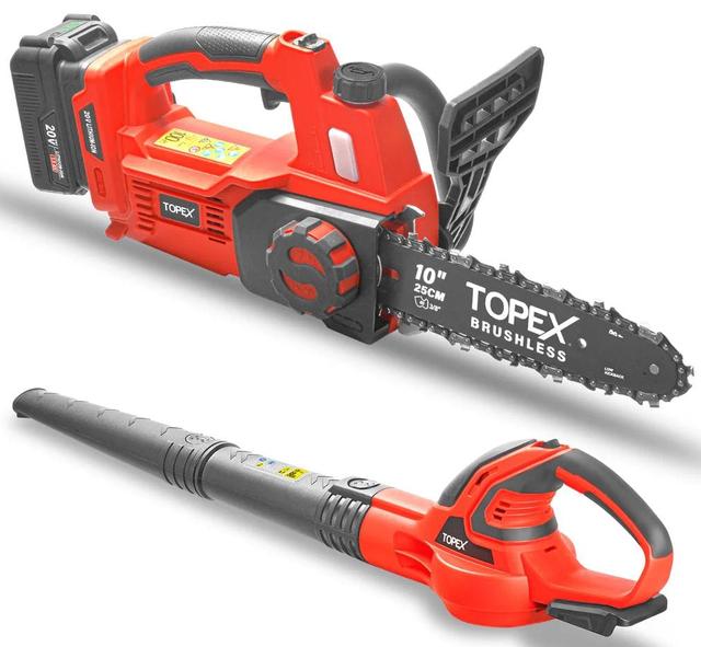 Topex  20V Cordless Chainsaw Leaf Blower Power Tool Combo Kit w/ 4.0Ah Battery in Red/Black in Brand New condition