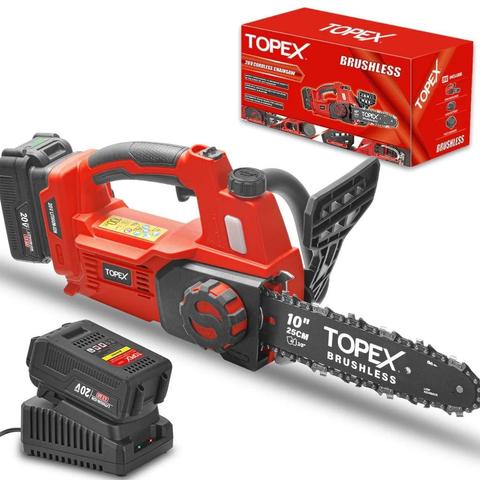 Topex  Cordless Brushless Chainsaw with 20V 4.0AH Battery Fast Charger - Red - Brand New