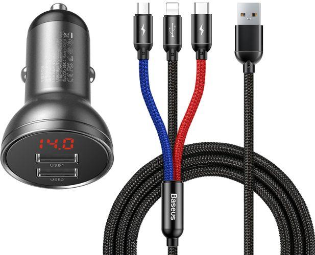Baseus Car Charger & Phone Cable Digital Display Dual USB with 3-in-1 Cable