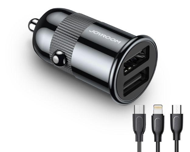 Joyroom  3.1A Dual USB Mobile Phone Fast Charging with Micro Cable Car Charger  - Black - Brand New