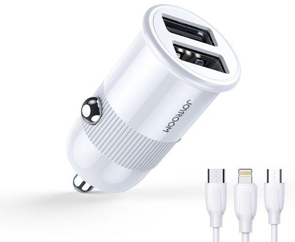 Joyroom  3.1A Dual USB Mobile Phone Fast Charging with Type-C Cable Car Charger  - White - Brand New