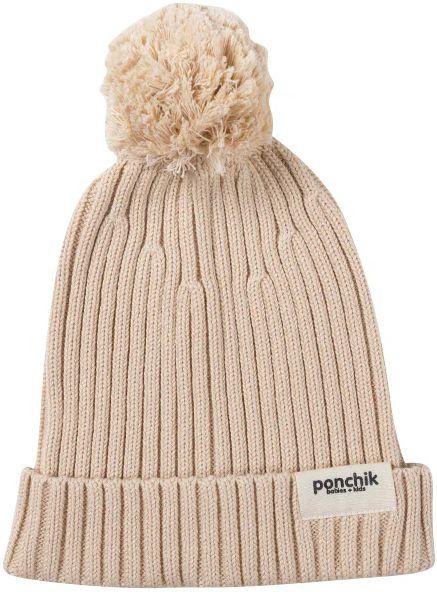 Ponchik Babies + Kids  Pom Pom Ribbed Knit Beanie (Adult Size) - Shortbread - Over Stock