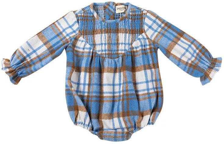 Ponchik Babies + Kids  Shirred Bubble Baby Romper with Frill Sleeve (6 - 12M) - Blueberry Plaid - Over Stock