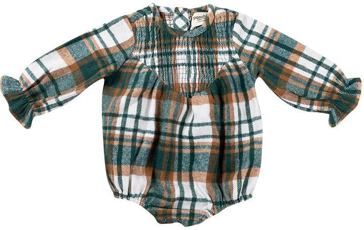 Ponchik Babies + Kids  Shirred Bubble Baby Romper with Frill Sleeve (0 - 3M) - Pear Plaid - Over Stock